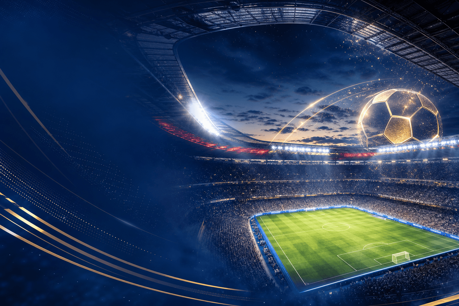 Floodlit football stadium prepared for a global tournament